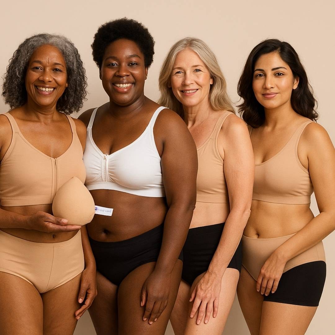 Four women wearing Sugar Shell post-surgery bras and a breast prosthesis